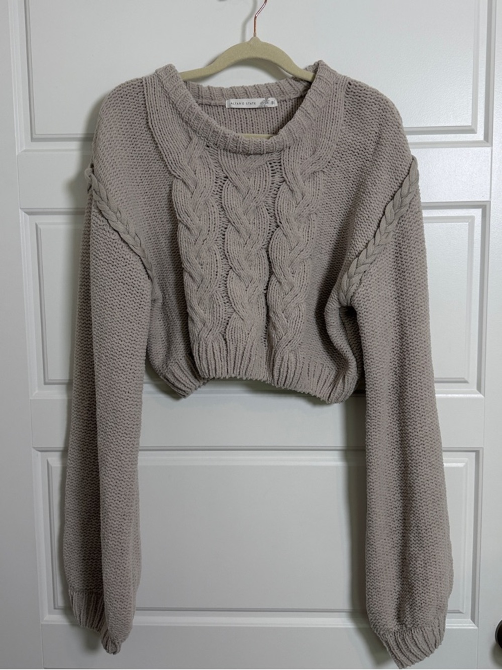 Altar'd State Cropped Cable Crew Sweater - Taupe Size Small